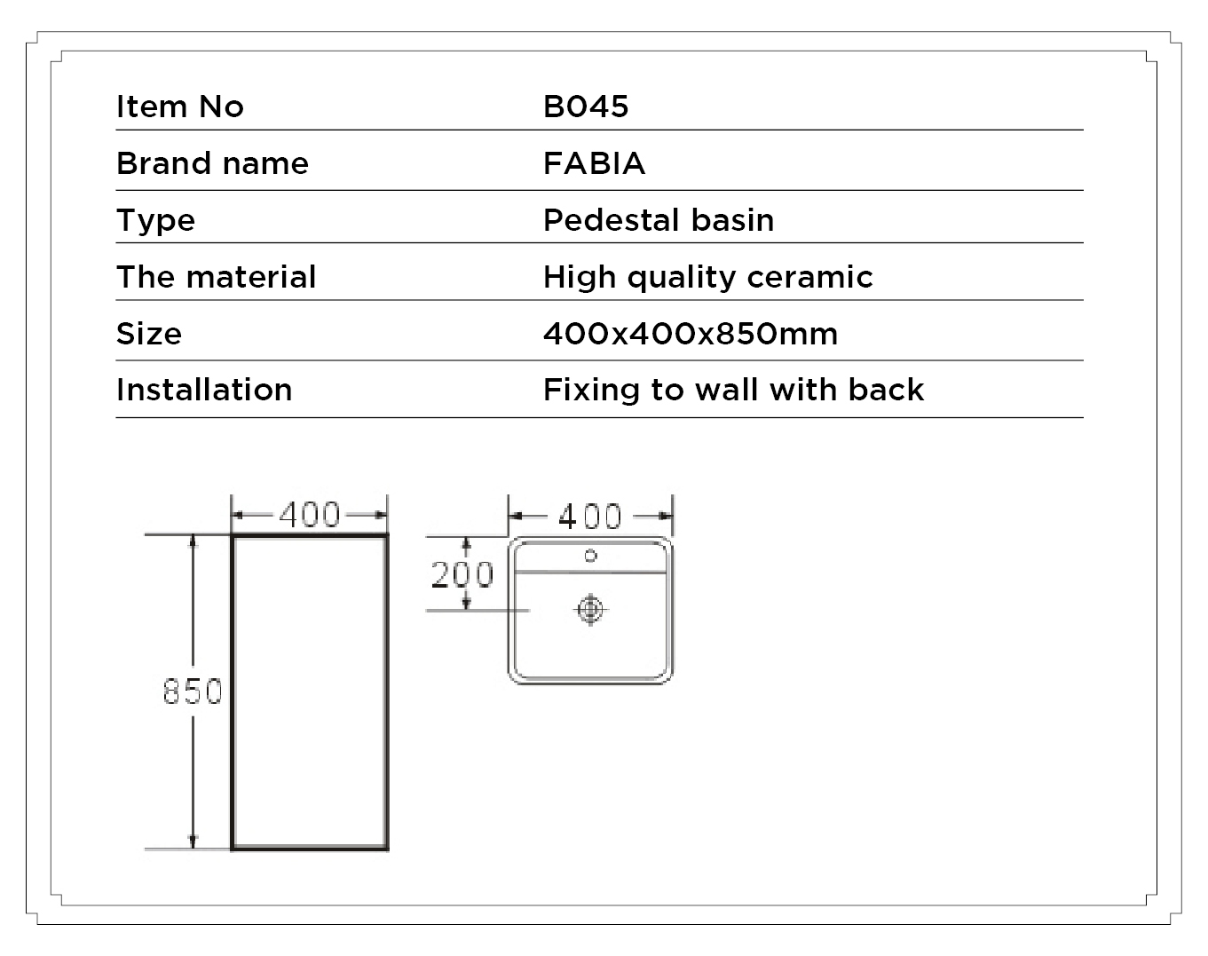 B045 400x400mm Compact Pedestal Basin Modern